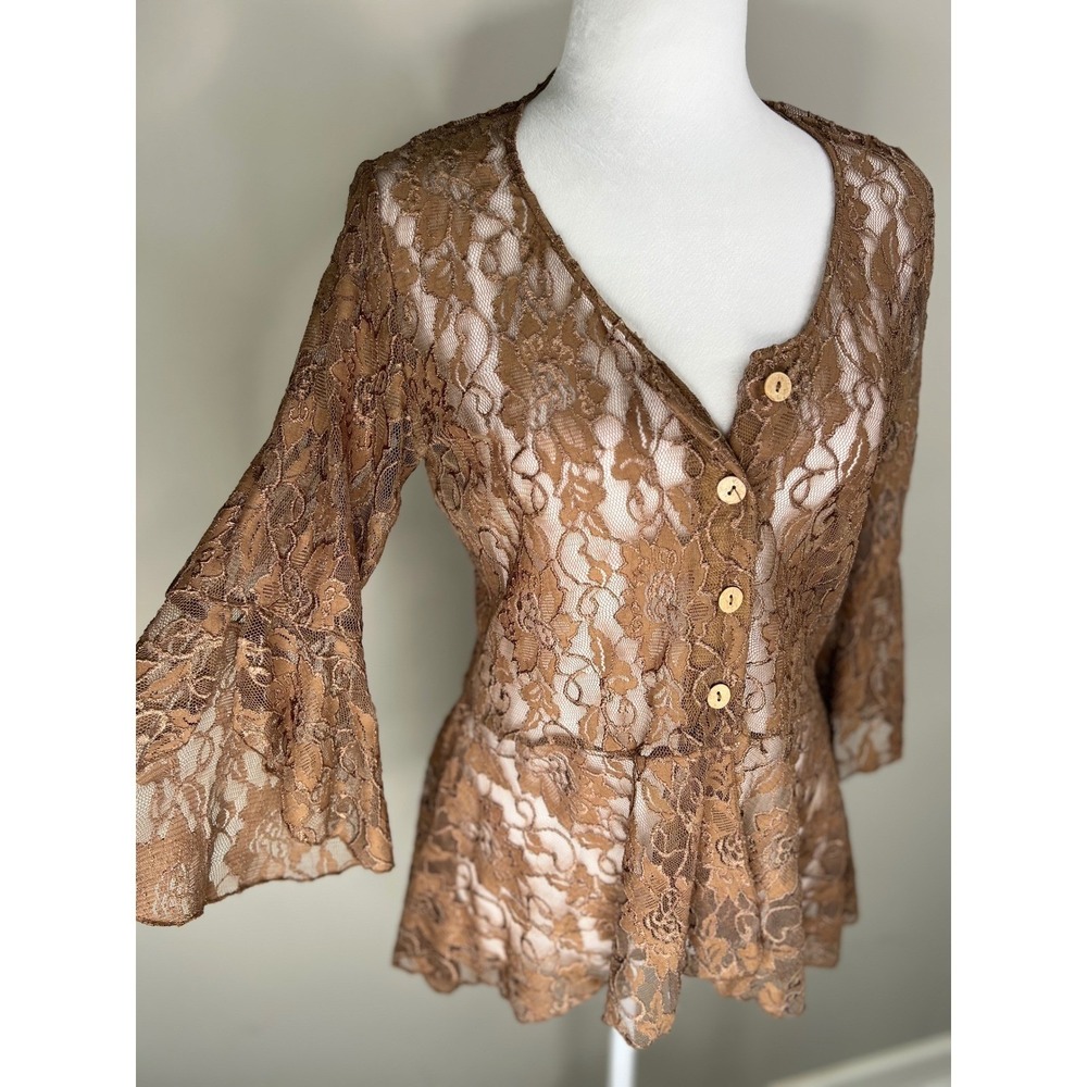 Brown Sheer Lace Top Ethereal Layering Bell Sleeve Boho Whimsigoth Small